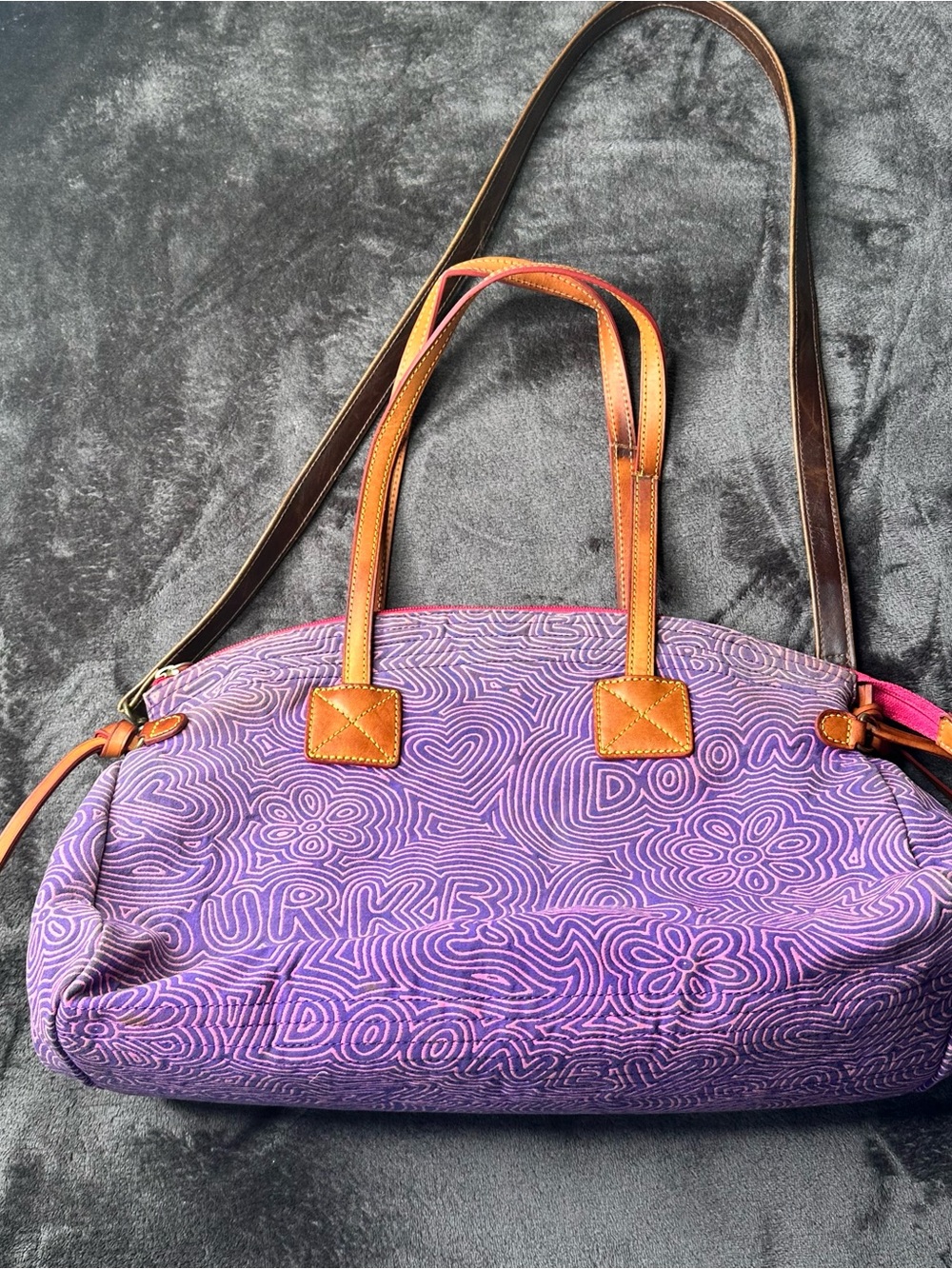Dooney & Bourke Purple Patterned Shoulder Bag with Tan Leather Straps